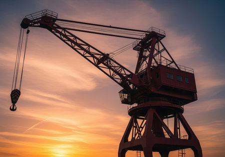 Colossal deep red industrial port crane structure silhouetted against a vibrant, dramatic sunset sky featuring orange and blue clouds. represents heavy industry and logistics.の素材