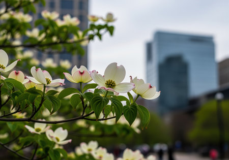 Close up of white and pink dogwood blossoms on a branch, set against a softly blurred background featuring modern glass skyscrapers and an urban park scene.の素材