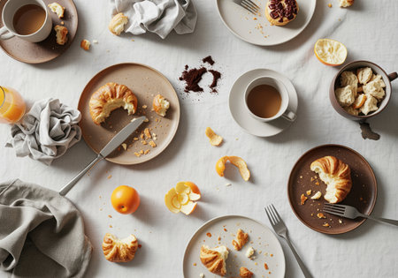 Scattered crumbs and remnants of a casual breakfast or brunch, including partially eaten croissants, coffee cups, orange peels, and utensils on a white tablecloth.の素材