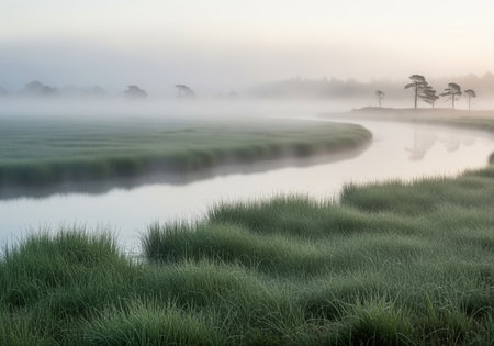 Winding river reflecting the soft light of dawn, surrounded by dense fog and lush green marsh grass. distant trees emerge faintly from the heavy mist, creating a tranquil and atmospheric natural scene.の素材