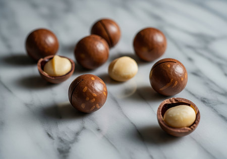 Whole macadamia nuts and cracked shells revealing creamy white kernels scattered randomly across a cool, polished white and gray marble surface. healthy, gourmet snack food ingredient.の素材