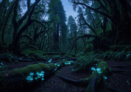 Bioluminescent mushrooms glowing brightly blue on mossy logs and twisted roots in a dark, wide angle view of an ancient, mysterious forest at night. deep green foliage and tall trees dominate the scene.の素材