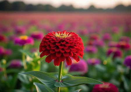 Deep crimson zinnia flower captured in a close up shot, standing tall amidst a blurred field of colorful flowers during the warm light of sunset.の素材