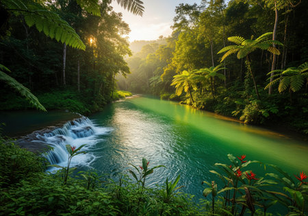 Lush tropical jungle landscape featuring a vibrant emerald green river and a small cascade. dense foliage, ferns, and trees line the banks, illuminated by dramatic golden hour sunlight.の素材