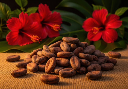 Raw cacao beans piled on textured burlap fabric, highlighted by warm light. tropical setting with blurred red hibiscus flowers and green leaves in the background, symbolizing chocolate origin.の素材
