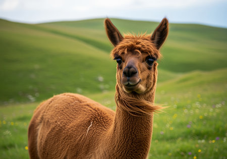 Brown alpaca with soft, windblown fleece captured in a medium close up portrait. standing outdoors in a vibrant green pasture on a sunny day.の素材