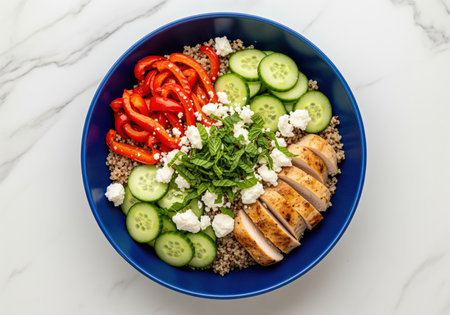 Grilled chicken power bowl featuring quinoa, sliced cucumber, red bell pepper, crumbled feta cheese, and fresh mint, served in a blue bowl on marble. healthy, balanced meal.の素材