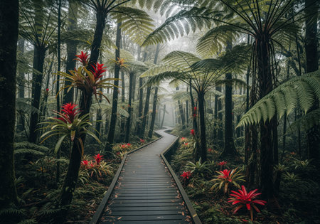 Winding wooden boardwalk traversing a lush, humid tropical rainforest. dense foliage, giant tree ferns, and vibrant red bromeliads line the mysterious, misty path. nature exploration concept.の素材