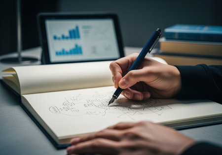 Focused hand uses a fountain pen to sketch a complex strategy diagram in a notebook, with a digital tablet displaying financial data charts in the background.の素材