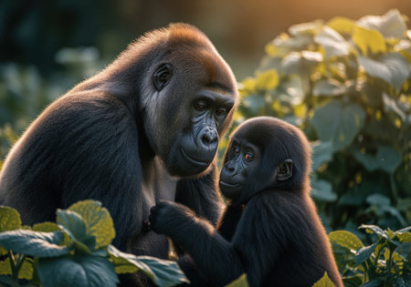 Mother gorilla and her infant interacting closely among lush green foliage in a sunlit jungle environment. capturing the protective family bond and endangered wildlife.の素材