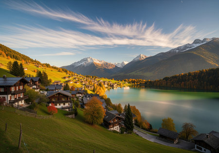Traditional alpine village featuring wooden chalets situated on a grassy slope, overlooking a vibrant turquoise mountain lake. dramatic snow capped peaks rise under a blue sky, showcasing the idyllic autumn landscape.の素材