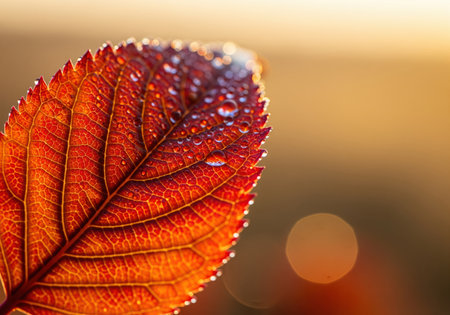 Crimson and orange autumn leaf texture detailed with intricate veins, covered in clear water droplets, beautifully backlit by warm golden hour sunlight creating soft bokeh.の素材