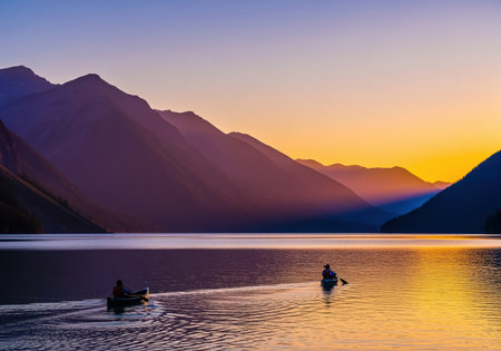 Tranquil mountain lake reflecting the vibrant colors of sunset, featuring dramatic purple mountain silhouettes and two people paddling canoes across the calm surface.の素材