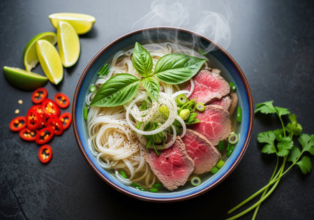 Traditional vietnamese pho noodle soup in a bowl, featuring rare beef slices, rice noodles, fresh basil, onion, and hot broth, served with lime and chili on a dark background.の素材