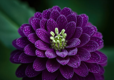 Macro view of a vibrant purple flower covered in fresh dew drops. detailed velvety petals and a bright green center against a dark natural background, symbolizing freshness and beauty.の素材