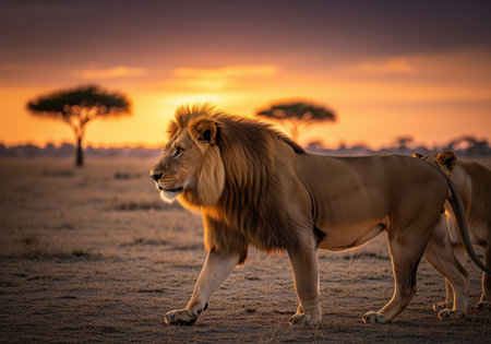 Powerful adult male lion with a thick mane walking across the dry african savanna during a dramatic golden hour sunset, framed by acacia trees.の素材