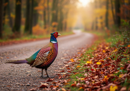 Male pheasant displaying vibrant red, green, and golden plumage stands on a winding forest road covered in colorful autumn leaves. wildlife portrait in a natural, seasonal environment.の素材