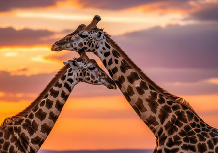 Two giraffes standing close, touching necks affectionately, silhouetted against a vibrant, cloudy sunset sky in the african savanna. symbolizes love, wildlife, and nature.の素材