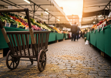 Rustic wooden shopping cart standing on a cobblestone path scattered with straw at a bustling outdoor farmer market. colorful fresh fruits and vegetables are displayed on stalls in the blurred background.の素材