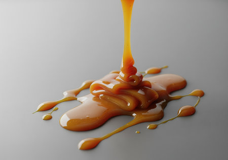 Thick, glossy golden caramel sauce pouring onto a smooth gray surface, forming rich, sticky drips and luscious puddles. delicious sweet dessert topping.の素材