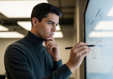 Young professional man in a dark turtleneck reviewing architectural schematics displayed on a large interactive digital screen using a stylus. focused on design and innovation.の素材