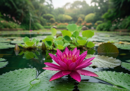 Vibrant pink water lily flower floating on a large green lily pad covered in water droplets in a tranquil pond setting. lush green tropical foliage creates a soft background.の素材