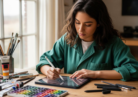 Young female artist focused on sketching digital artwork on a tablet using a stylus, surrounded by paint tubes and brushes on a wooden desk near a window.の素材