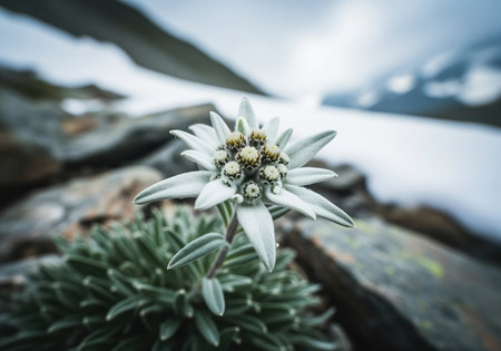 Edelweiss flower, a symbol of purity and rugged beauty, captured in a detailed macro shot on a rocky alpine slope. the white, star shaped bloom contrasts with the harsh mountain environment and blurred background.の素材