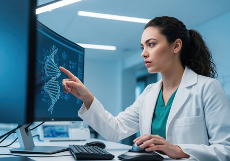 Young female scientist in a white coat analyzing a glowing DNA double helix structure displayed on a computer monitor in a modern laboratory setting. research, genetics, and biotechnology concept.の素材