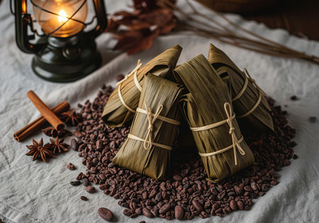 Sticky rice cakes, traditionally wrapped in dried bamboo leaves and tied with string, arranged on a pile of dark cacao beans. spices like cinnamon sticks and star anise are scattered nearby, illuminated by a rustic lantern.の素材