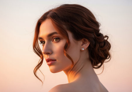 Young woman with elegant brown updo hairstyle and serene expression captured in a close up profile portrait during warm golden hour lighting against a soft sky.の素材