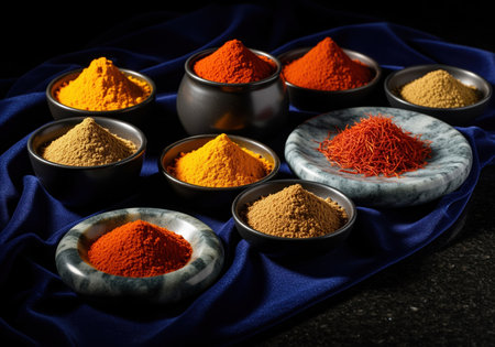 Colorful ground spices and saffron threads displayed in small bowls and marble dishes on draped blue silk fabric. culinary ingredients for cooking and flavor.の素材