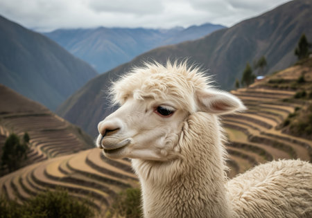 Fluffy white alpaca captured in a close up profile view, set against the dramatic backdrop of steep andean mountains and ancient agricultural terraces. symbolizes south american travel and wildlife.の素材