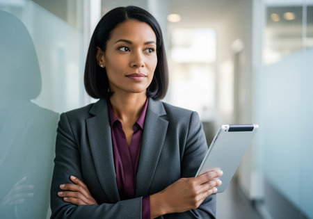 Confident african american businesswoman in a dark suit standing in a modern corporate office hallway, holding a digital tablet with arms crossed, looking away thoughtfully. represents leadership, technology, and success.の素材