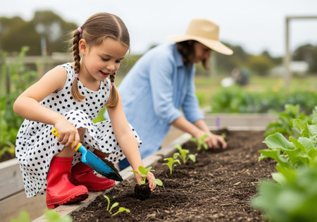 Child planting seedlings in a raised garden bed with an adult woman, focusing on sustainable living, organic farming, and family bonding outdoors.の素材