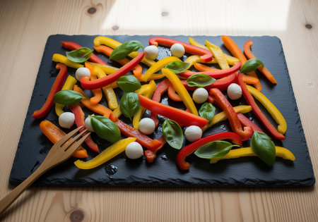 Vibrant red, yellow, and orange bell pepper strips mixed with mini mozzarella balls and fresh basil leaves, served on a dark slate platter on a wooden table. healthy and fresh food concept.の素材