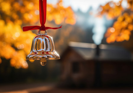 Polished silver bell suspended by a red ribbon, set against a blurred background of vibrant autumn foliage and a rustic wooden cabin with chimney smoke. cozy fall scene.の素材