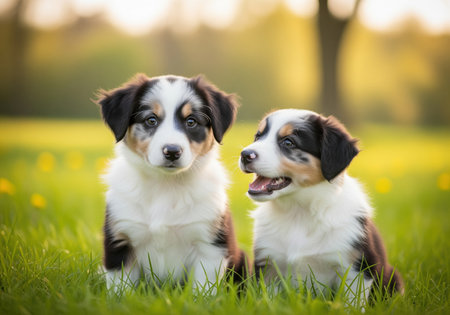 Two fluffy, tricolor puppies sitting side by side in lush green grass outdoors. the scene is bathed in warm, golden sunlight, highlighting their playful and alert expressions. perfect for themes of companionship, pet care, and nature.の素材