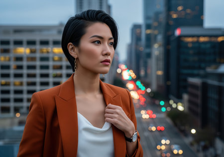 Young asian businesswoman wearing an orange blazer stands on a rooftop, looking thoughtfully over a busy urban cityscape at dusk. the background features blurred bokeh lights from traffic and tall buildings, symbolizing ambition and success.の素材