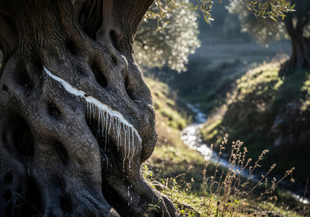 Ancient olive tree trunk with deeply furrowed dark bark and a prominent streak of white sap resin dripping. rustic mediterranean landscape with a stream in the sunny background.の素材