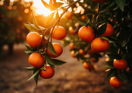 Ripe oranges hanging heavily on a leafy branch in a sunny citrus grove. the scene is bathed in warm golden hour light, suggesting harvest and natural abundance.の素材