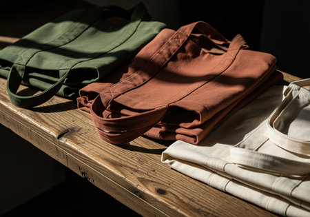 Three folded reusable canvas tote bags in earthy colors olive green, terracotta, cream displayed on a rustic wooden surface. sustainable fashion and eco friendly shopping concept.の素材