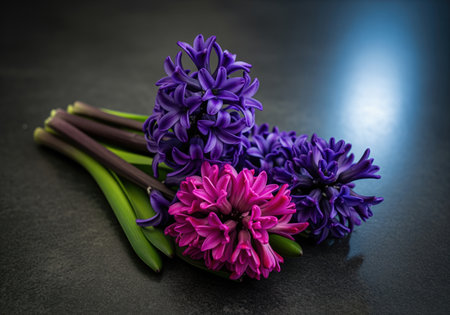 Deep purple and magenta hyacinth flowers clustered together, resting on a dark, textured surface. dramatic studio lighting highlights the vibrant spring blossoms.の素材