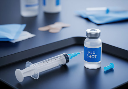 Syringe and vial labeled FLU SHOT resting on a dark medical tray, surrounded by supplies. essential tools for seasonal influenza vaccination, immunization, and public health protection.の素材