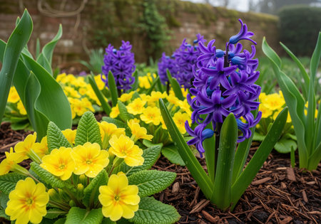 Vibrant purple hyacinth flowers and bright yellow primroses blooming together in a mulched garden bed, showcasing the beauty of early spring horticulture.の素材