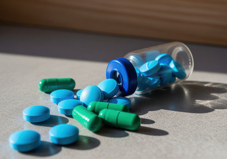 Blue tablets and green capsules spilled from a clear glass vial with a blue cap onto a gray counter. strong sunlight creates sharp shadows, emphasizing concepts of medicine, health, and treatment.の素材