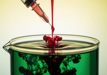 Syringe injecting thick red serum into green liquid in a laboratory beaker, illustrating chemical diffusion, reaction, and scientific research.の素材