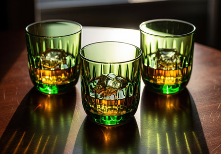 Three emerald green faceted whiskey tumblers filled with amber whiskey and ice, casting long shadows on a dark polished wood table, emphasizing luxury and drink.の素材