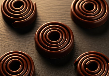 Five perfectly coiled, glossy dark chocolate spirals, resembling gourmet truffles or confectionery garnishes, arranged on a dark, textured slate surface. luxurious sweet food concept.の素材
