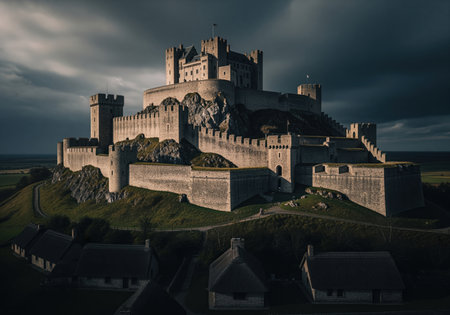 Majestic medieval fortress featuring towering grey stone battlements and a central keep, dominating a rugged hill under dark, dramatic, stormy skies.の素材